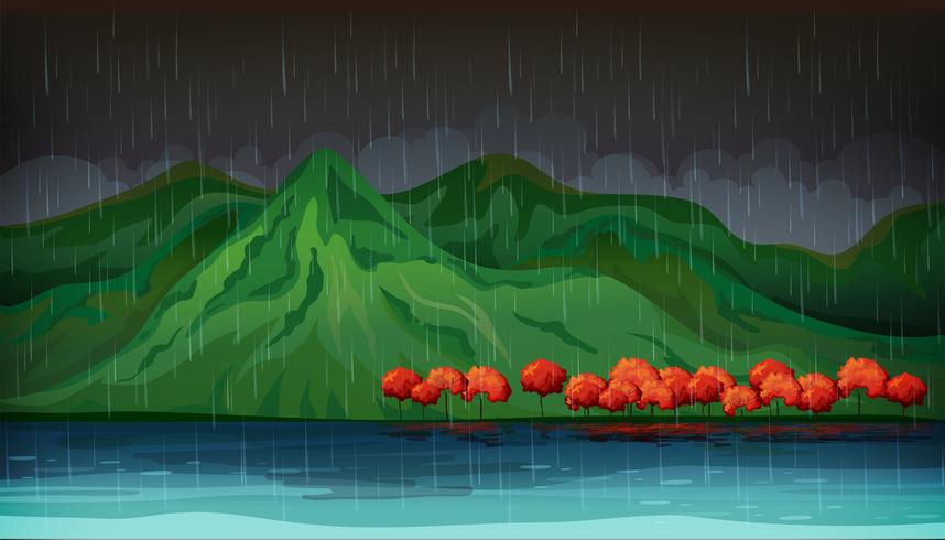 Escena de la naturaleza con árboles rojos y gran lago. vector