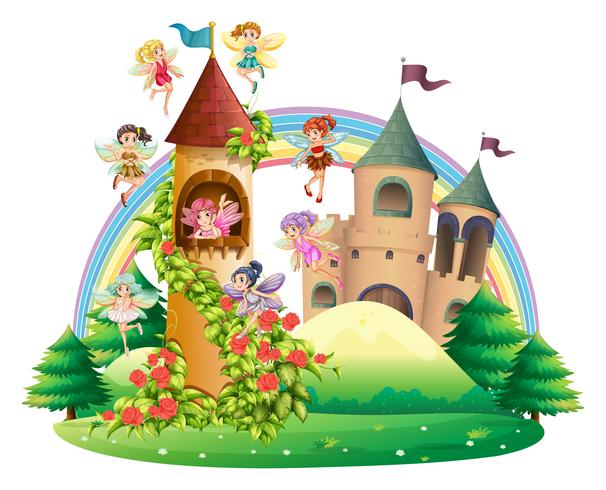Fairies flying around the tower vector