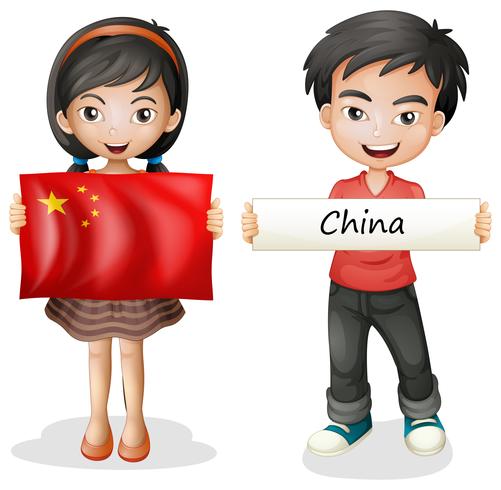 Niño y niña con bandera china vector