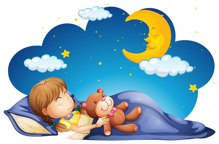 Girl sleeping with teddybear at night vector