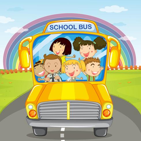 Children riding in the school bus vector