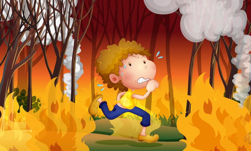 Un joven huye de un incendio forestal. vector