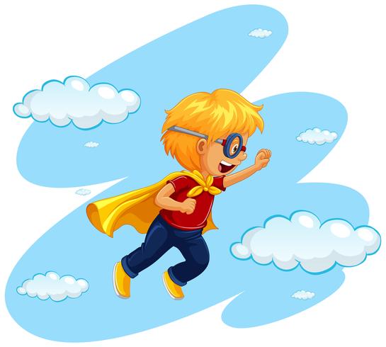 Boy in hero costume flying in sky vector