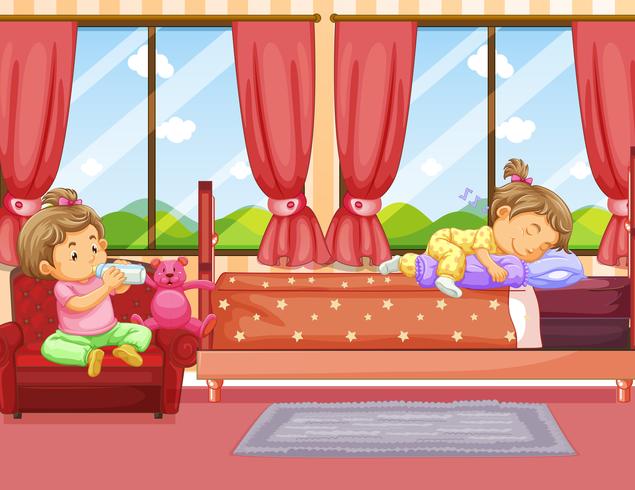 Dos niños durmiendo y bebiendo leche en el dormitorio. vector