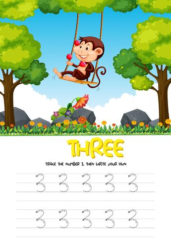Number three tracing worksheets vector