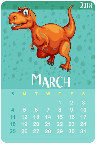 Calendar template for March with t-rex vector