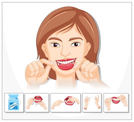 Mujer mostrando como usar hilo dental vector