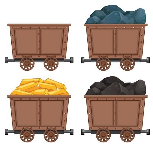 Carros mineros con piedras y oro. vector