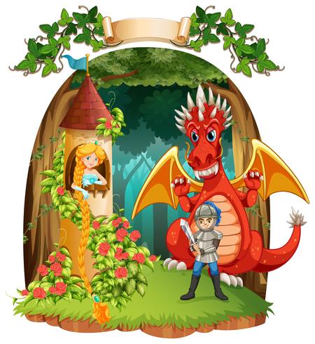 Scene with knight saving princess from the dragon vector