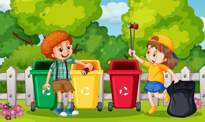 Niños recogiendo basura en el jardín vector