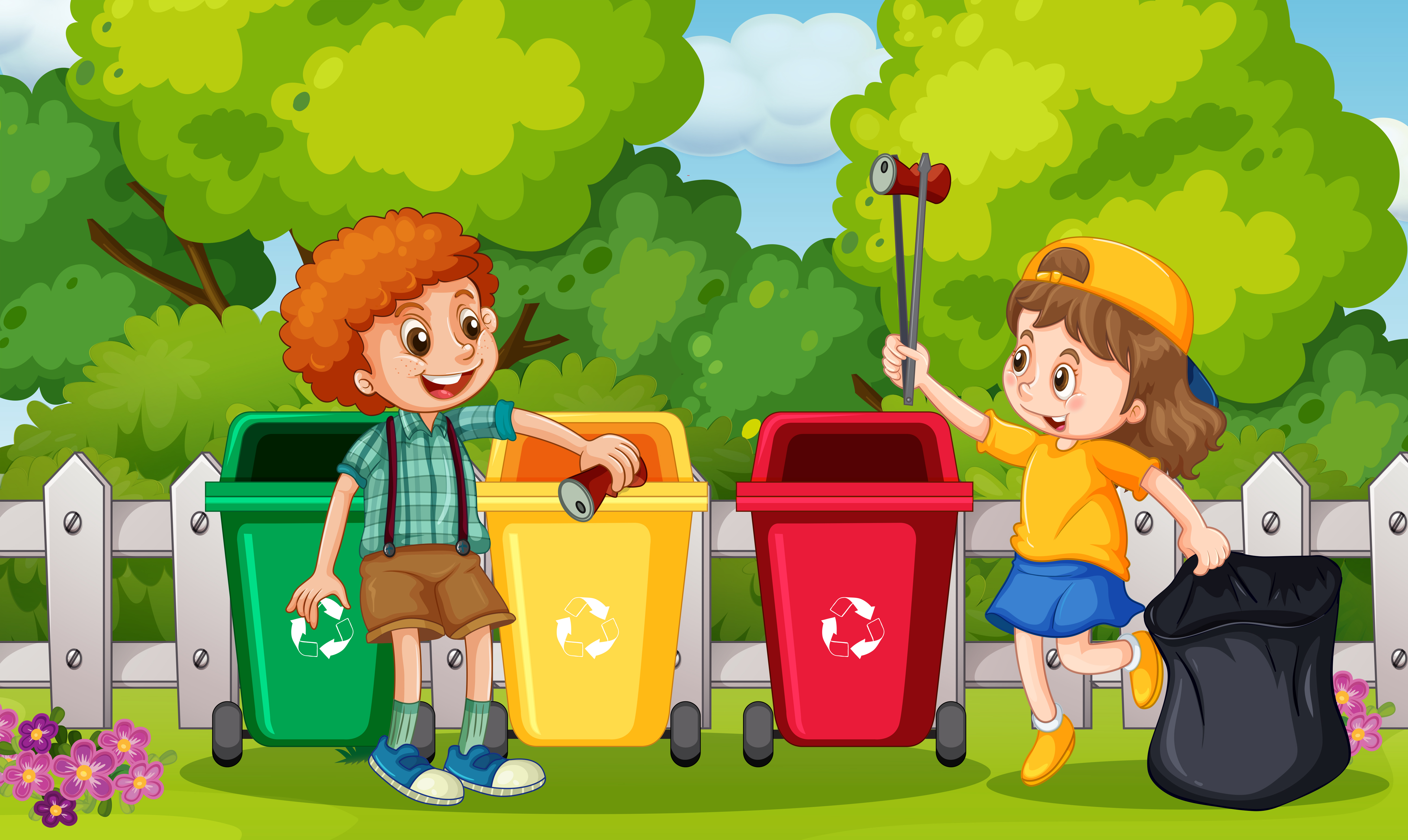 Niños recogiendo basura en el jardín 419385 Vector en Vecteezy