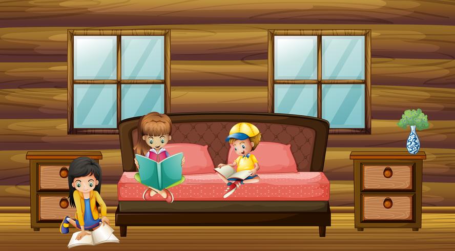 Tres niños leyendo libros en el dormitorio vector