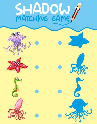 Sea creature shadow matching game template vector