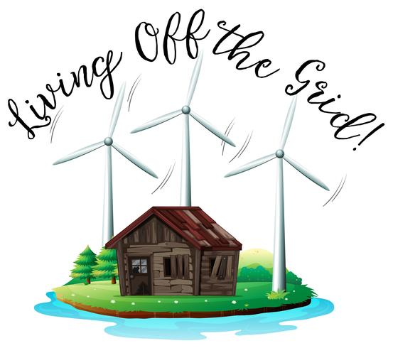 Wooden House on Island with Windmill vector