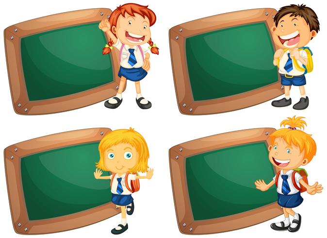 Four frames with happy children in school uniform vector