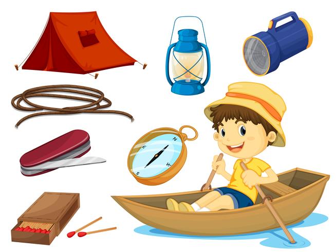 Un niño y varios objetos de camping. vector