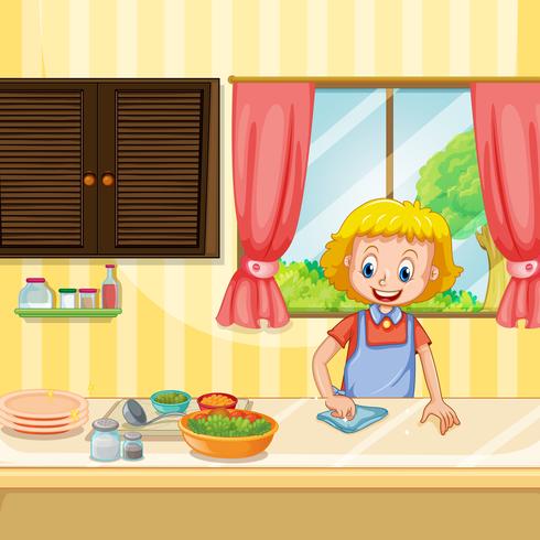 Mother Cleaning and Preparing Food in Kitchen vector