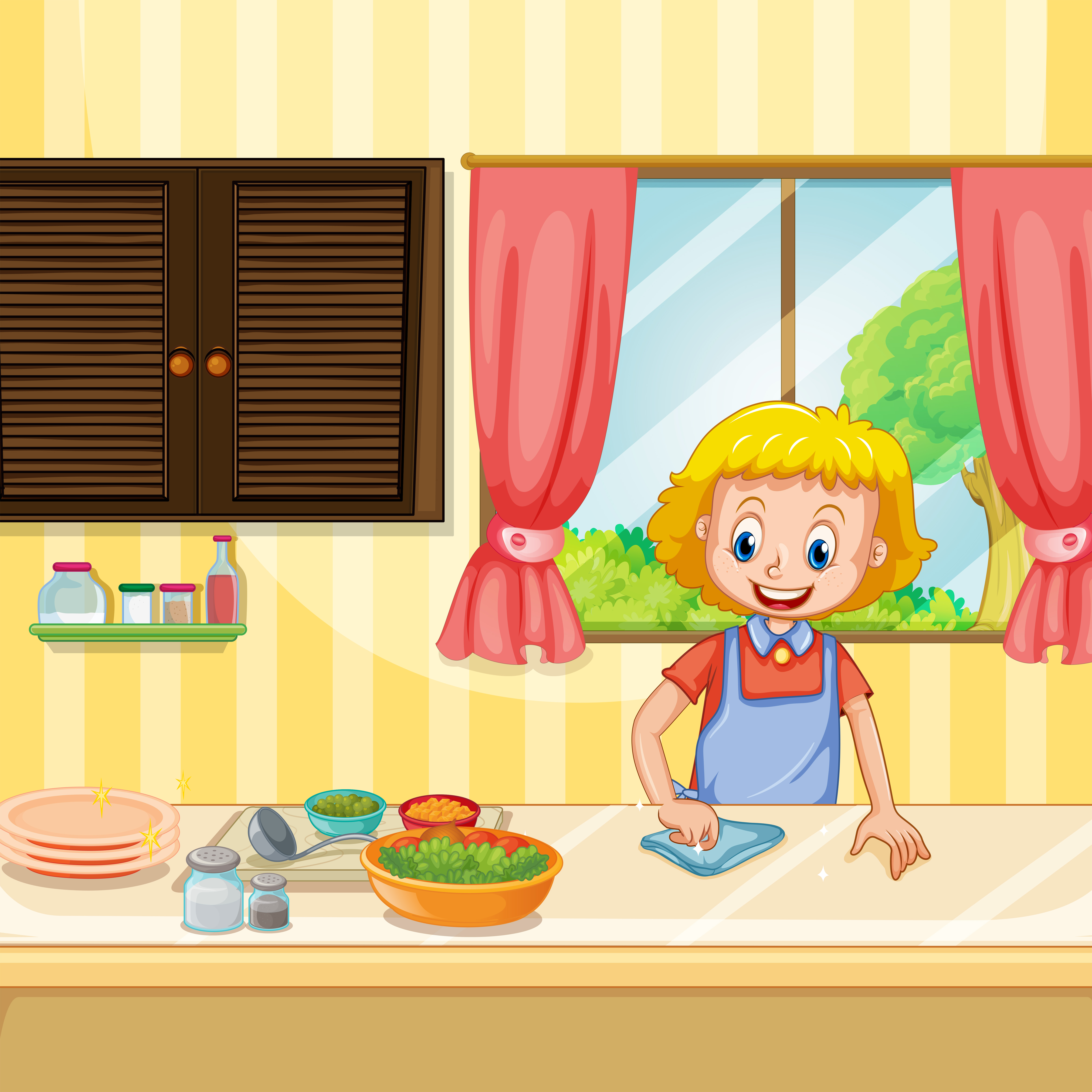 Mother Cleaning and Preparing Food in Kitchen 419435 Vector Art at Vecteezy