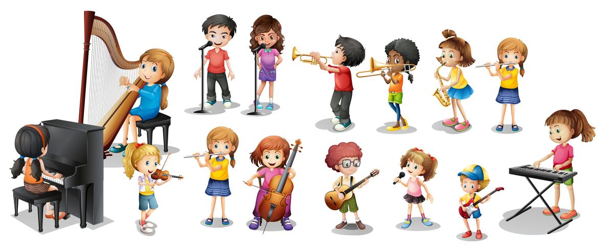 Muchos niños tocando diferentes instrumentos musicales. vector