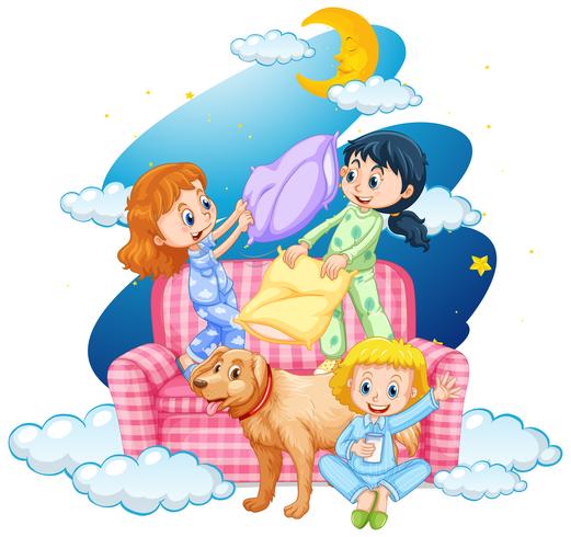 Three girls and dog on sofa vector