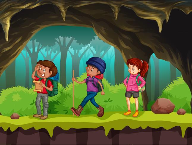 People hiking in the cave vector