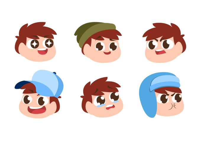 Children Boy Head Character Emotion Set Vector Flat Illustration