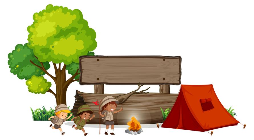 Camping children with wooden banner vector