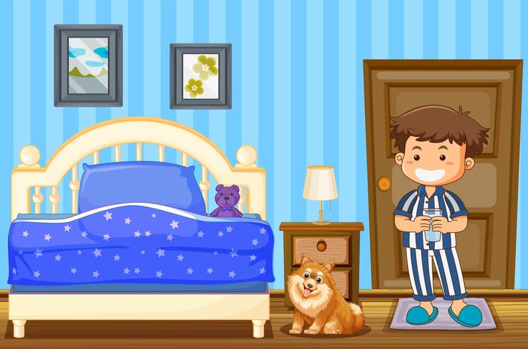 Niño y perro en dormitorio azul vector