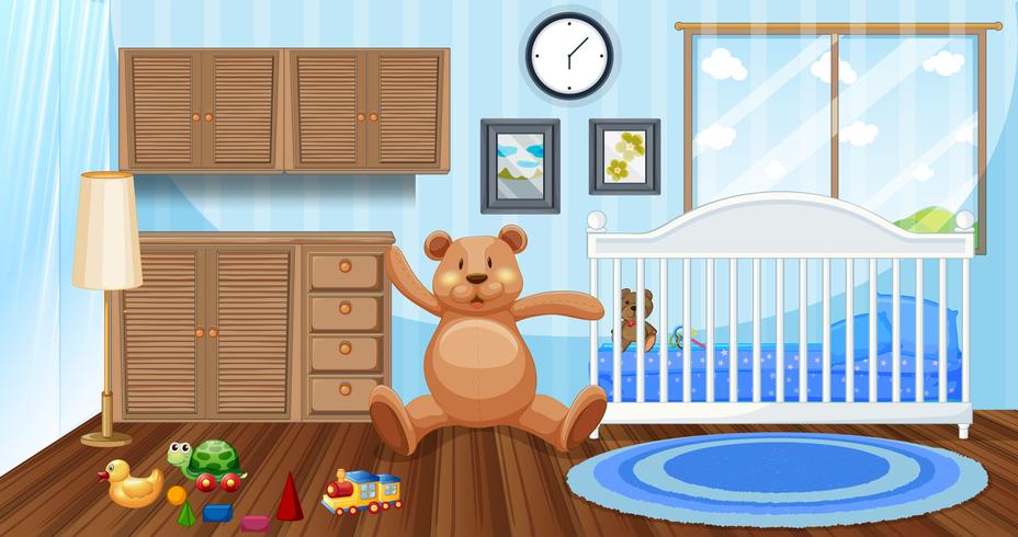 Escena dormitorio con cuna blanca y muñecas. vector