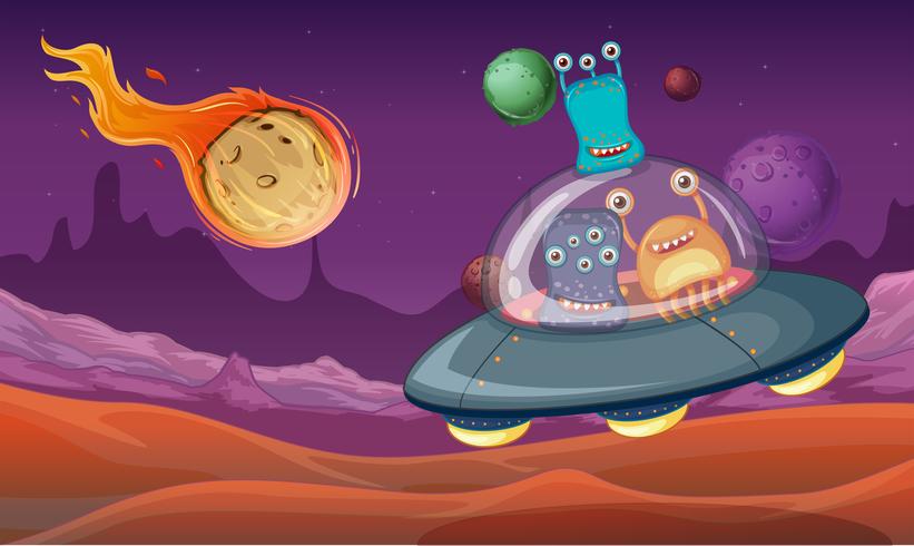 Space theme with aliens in UFO landing on planet vector