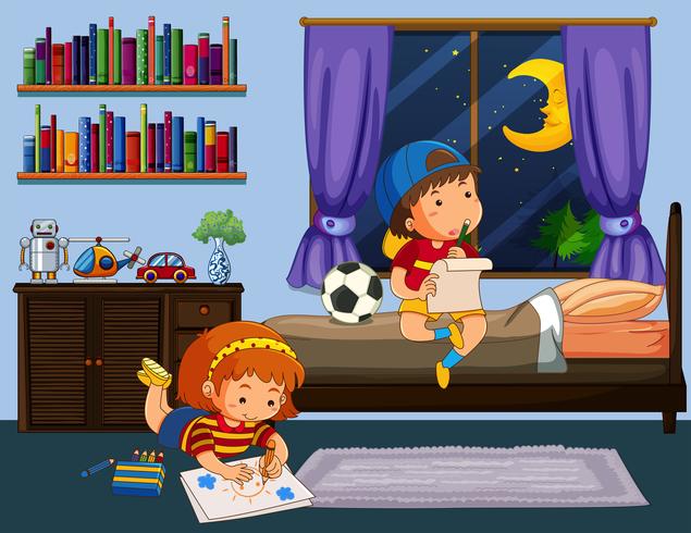 Boy and girl doing homework in bedroom vector