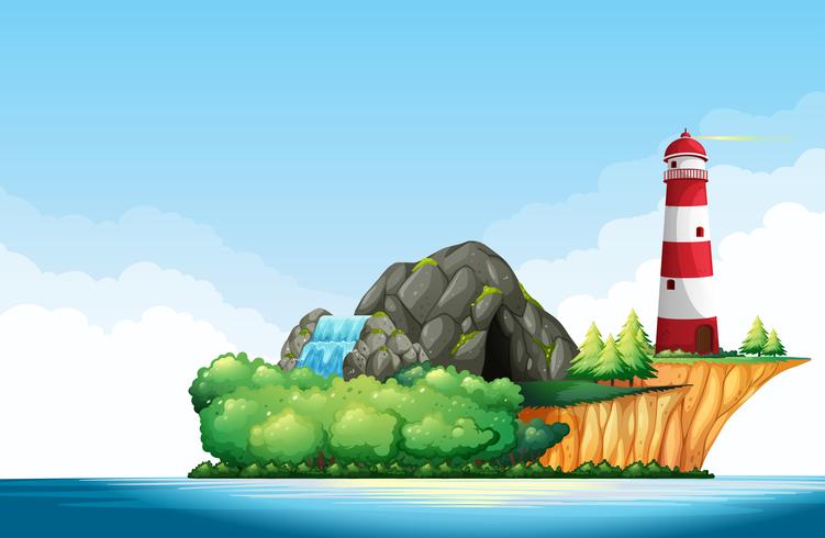 Nature scene with lighthouse and cave on the island vector