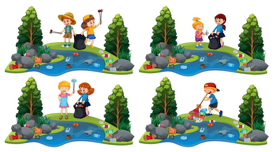 A Set of Children Cleaning River vector