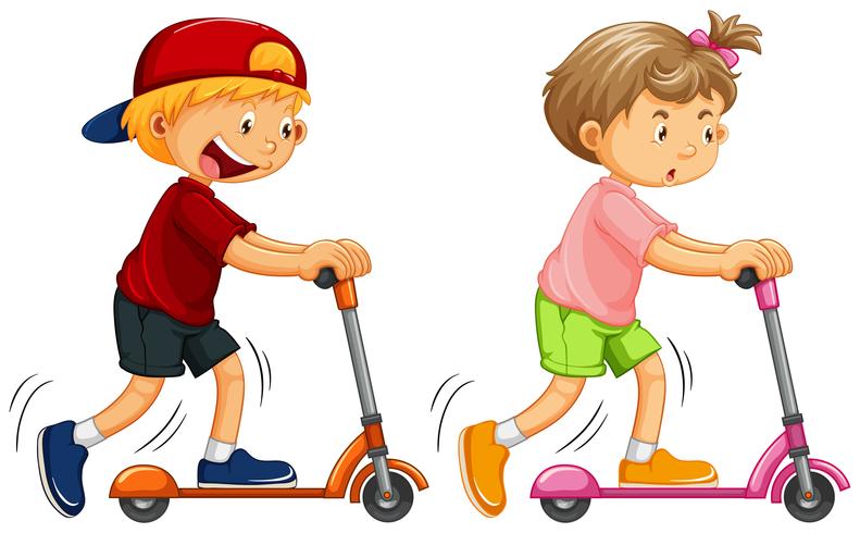 Boys Playing Kick Scooter on White Background vector