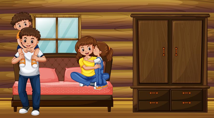 Familia con padres y dos hijos en dormitorio. vector