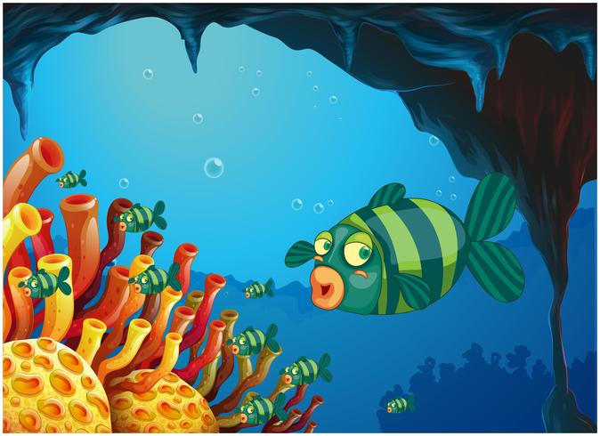 Una escuela de peces de color raya bajo el mar. vector