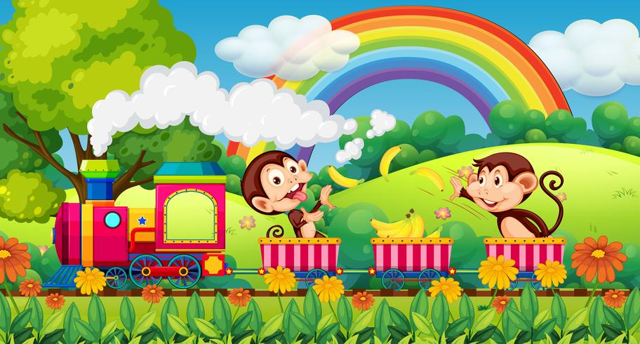 Monkey travel in nature by train vector