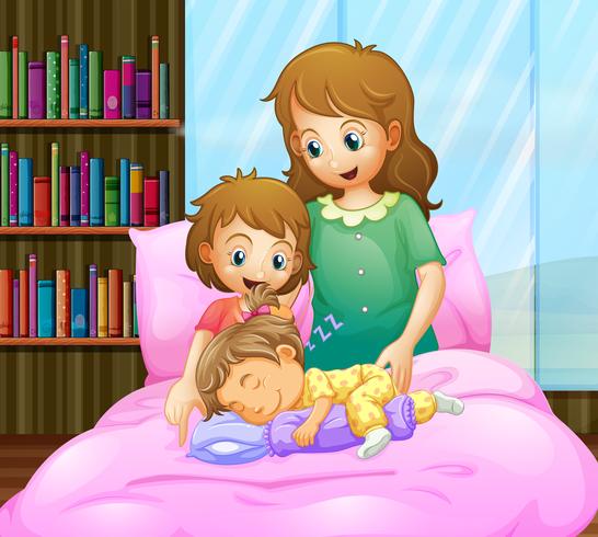 Mother and two girls in bed vector