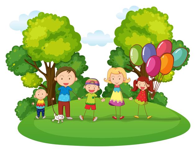 Family with three kids playing in park vector