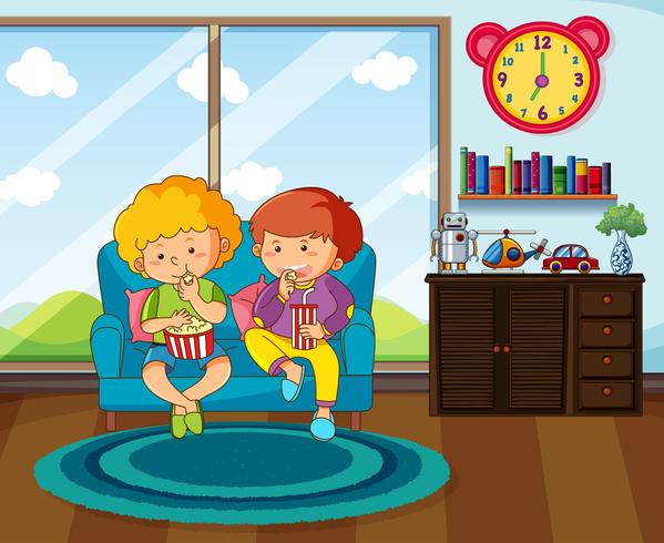 Two boys eating snack in livingroom vector