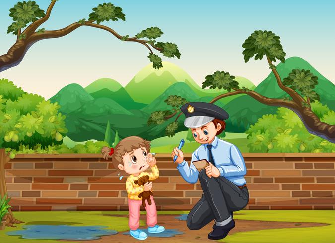 Crying girl and policeman in the park vector