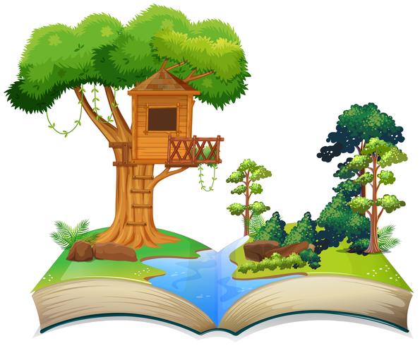 Casa del árbol junto al río en un libro vector