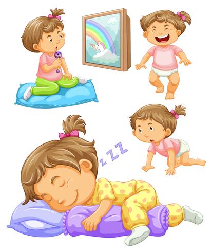 Girl toddler in four different actions vector