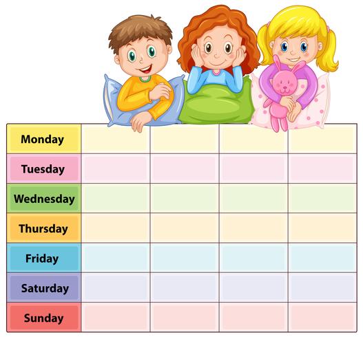 Seven days of the week table with kids in pajamas vector