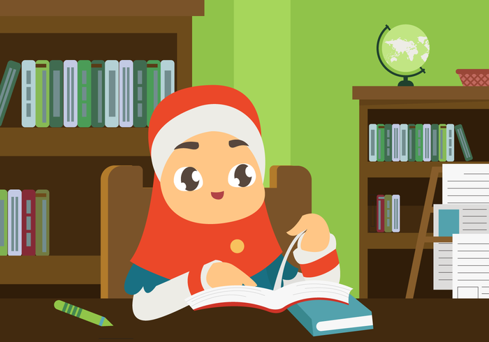 Muslim Child Studying in Library Vector Illustration