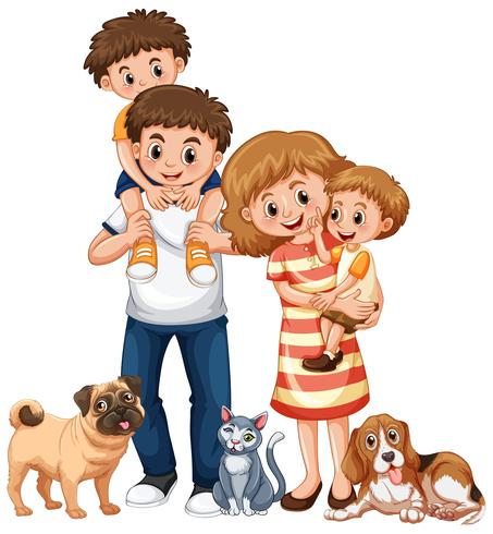 Familia con dos niños y mascotas. vector