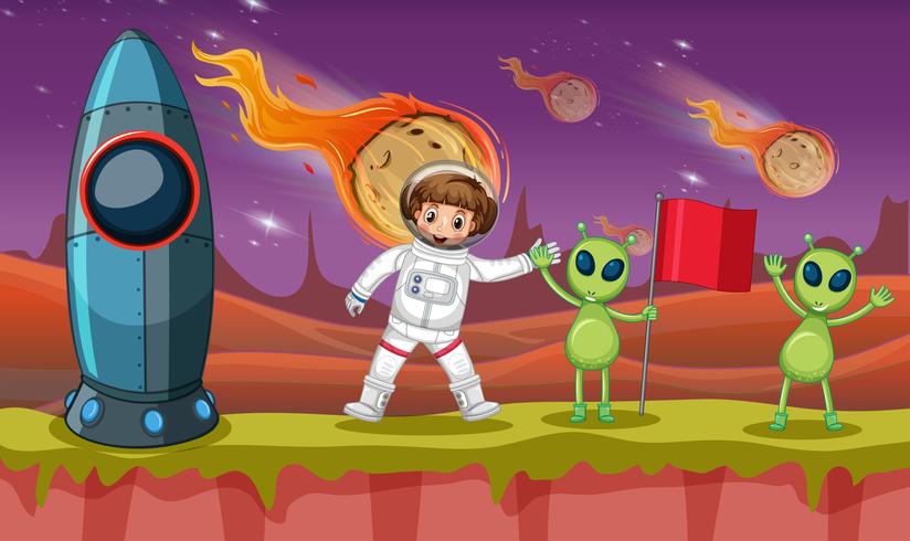 Astronaut and two aliens on strange planet vector