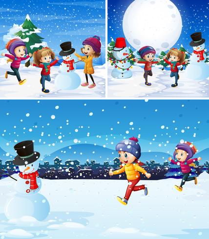 Niños jugando con muñeco de nieve en la nieve. vector