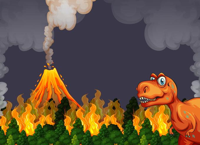 Un dinosaurio huye de la erupción del volcán. vector