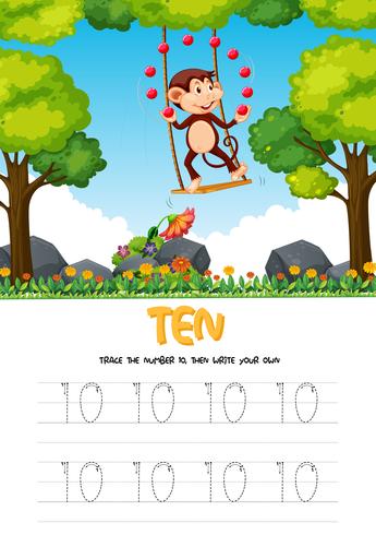 Number ten tracing worksheets vector